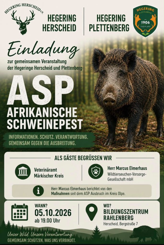 Einladung: ASP – Afrikanische Schweinepest, Infoabend der Hegeringe Herscheid und Plettenberg, 05.10.2026